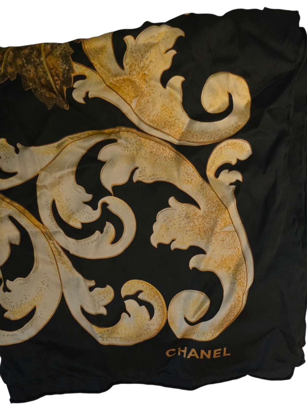 Vintage CHANEL Black and Gold Baroque Silk Scarf